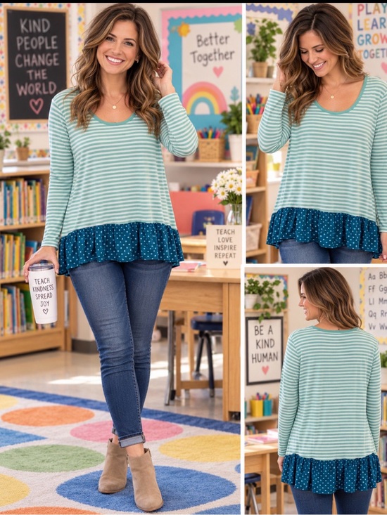 Matilda Jane Tops - Matilda Jane Talk Tomorrow Large Mint Stripe Teal Polka Dot Ruffle Hem Tunic Top